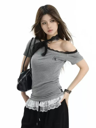 Lace Off-Shoulder T-Shirt Korean Street Fashion T-Shirt By INS Korea Shop Online at OH Vault