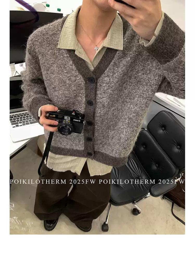 Contrast Fuzzy Knit V-Neck Cardigan Korean Street Fashion Cardigan By Poikilotherm Shop Online at OH Vault
