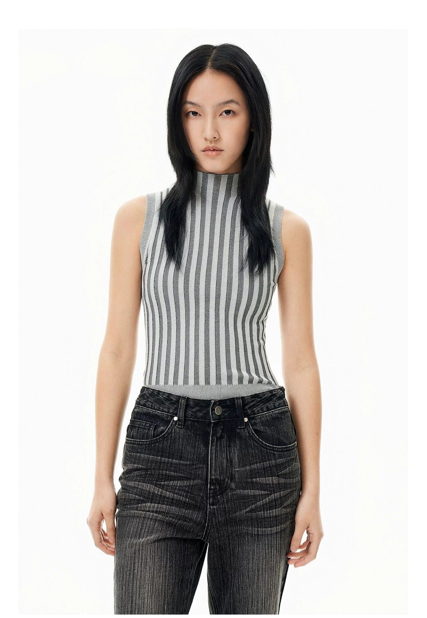 Stand Collar Striped Knit Tank Top Korean Street Fashion Tank Top By Terra Incognita Shop Online at OH Vault