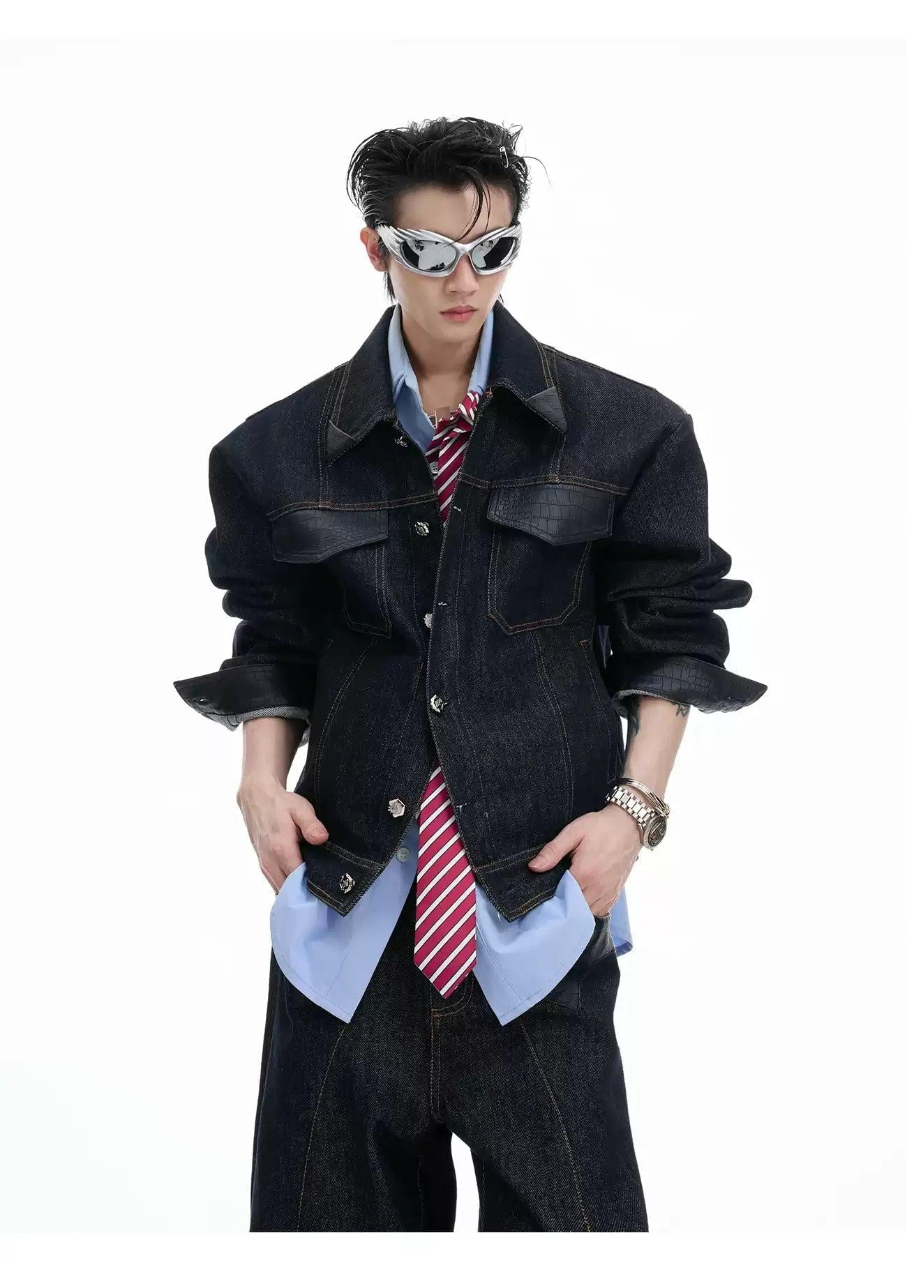 Spliced PU Leather Denim Jacket & Contrast Seamed Jeans Set Korean Street Fashion Clothing Set By Argue Culture Shop Online at OH Vault