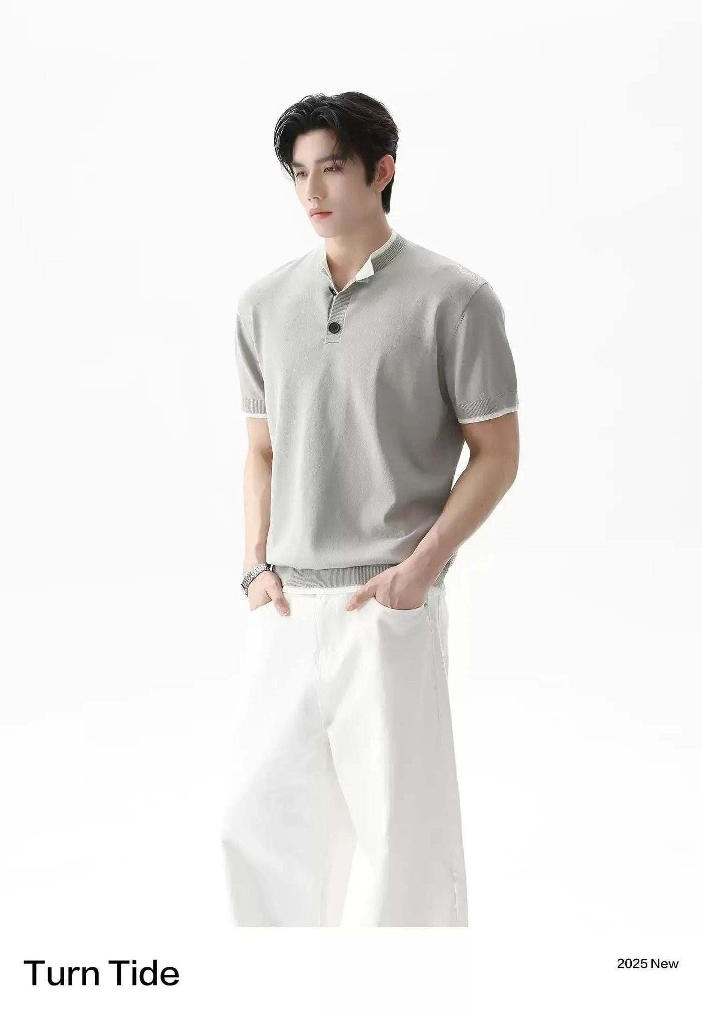 Henley Collar Ribbed Hem T-Shirt Korean Street Fashion T-Shirt By Turn Tide Shop Online at OH Vault