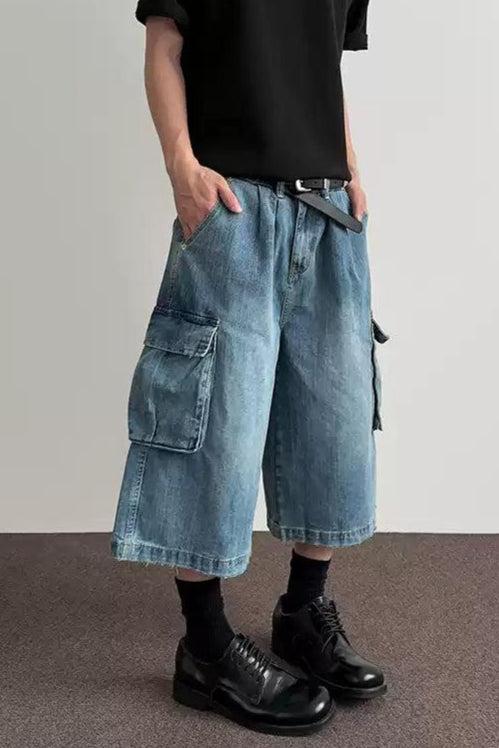 Faded Cargo Denim Shorts Korean Street Fashion Shorts By A PUEE Shop Online at OH Vault