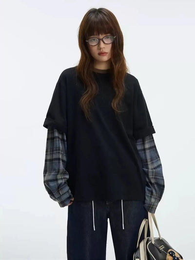 Spliced Plaid Long Sleeve T-Shirt Korean Street Fashion T-Shirt By Jump Next Shop Online at OH Vault