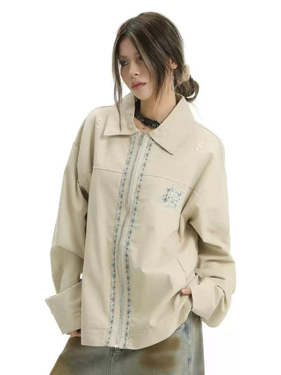 Embroidered Ribbon Zipped Jacket Korean Street Fashion Jacket By INS Korea Shop Online at OH Vault