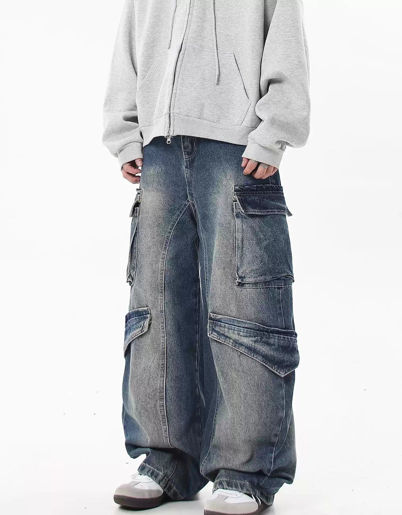 Wide Multi-Pockets Faded Jeans Korean Street Fashion Jeans By Blacklists Shop Online at OH Vault