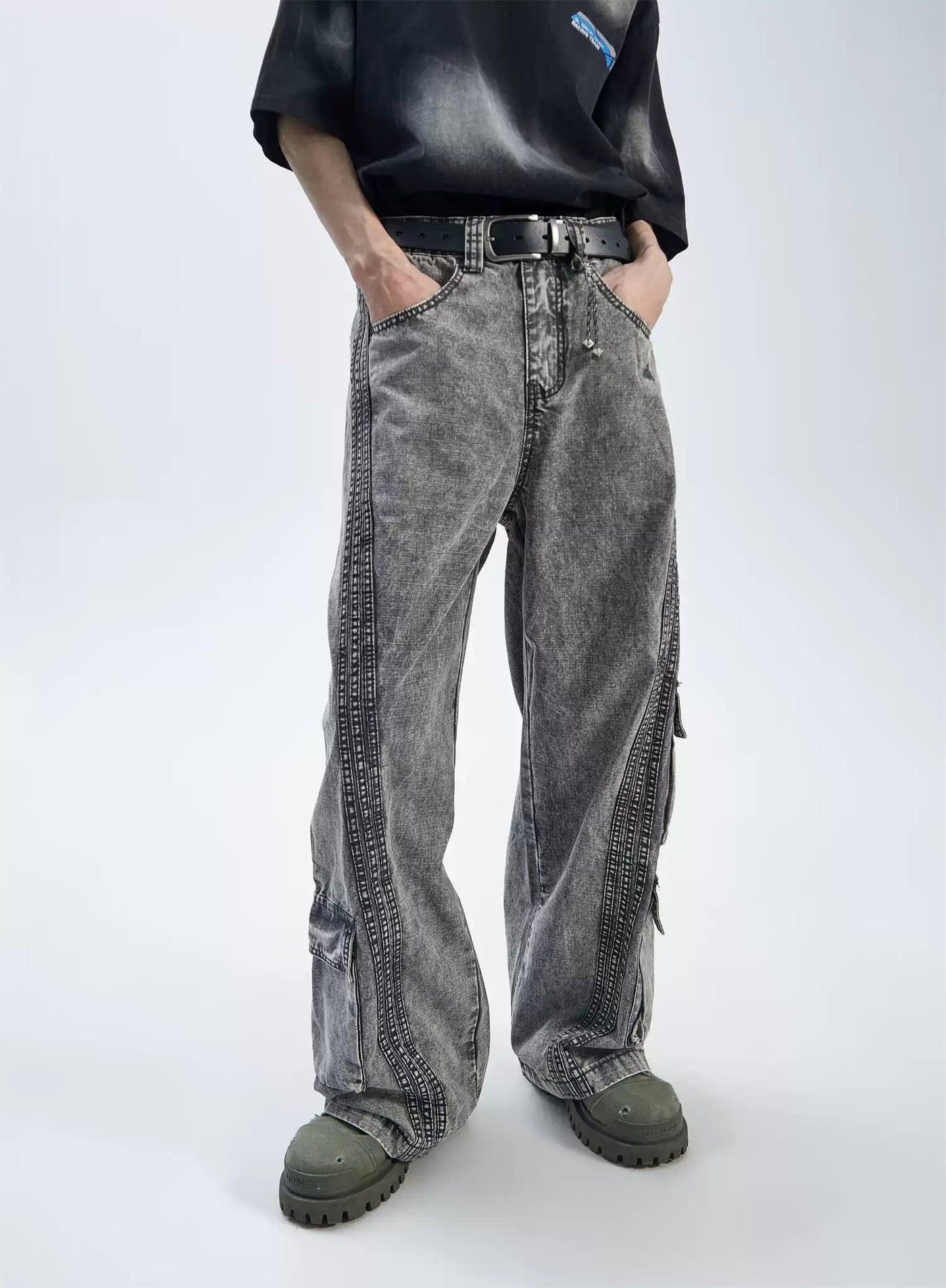 Washed Multi-Seamed Jeans Korean Street Fashion Jeans By Ash Dark Shop Online at OH Vault