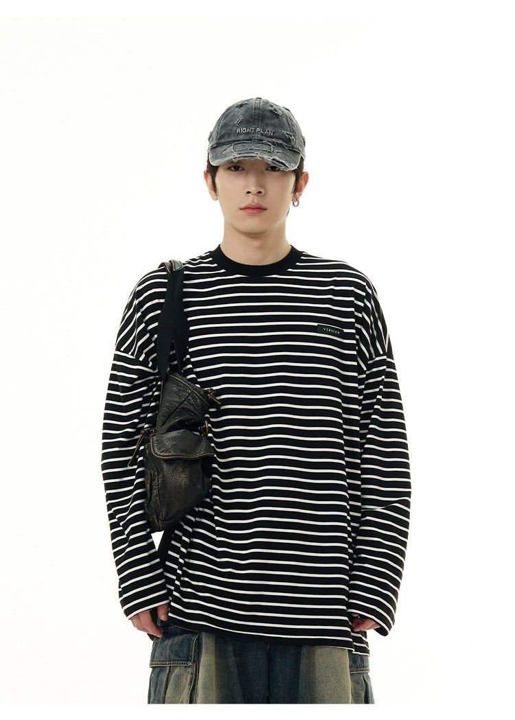 Relaxed Fit Stripes Long Sleeve T-Shirt Korean Street Fashion T-Shirt By 77Flight Shop Online at OH Vault