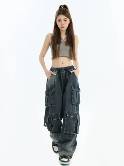 Multi-Pocket Detail Cargo Jeans Korean Street Fashion Jeans By INS Korea Shop Online at OH Vault