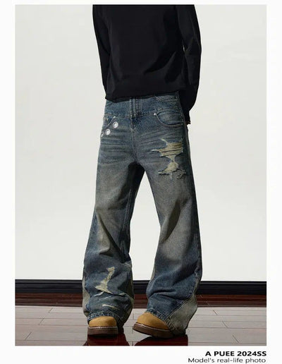 Metallic Ripped Flared Jeans Korean Street Fashion Jeans By A PUEE Shop Online at OH Vault