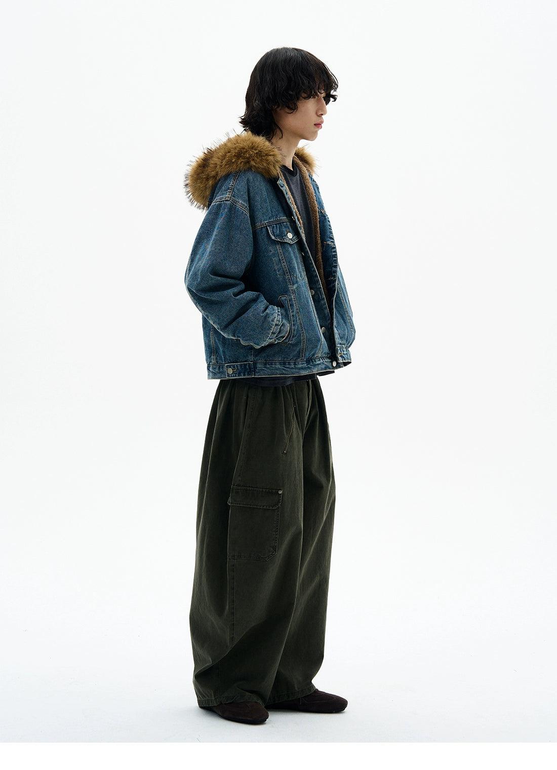 Washed Fur Hood Denim Jacket Korean Street Fashion Jacket By 77Flight Shop Online at OH Vault