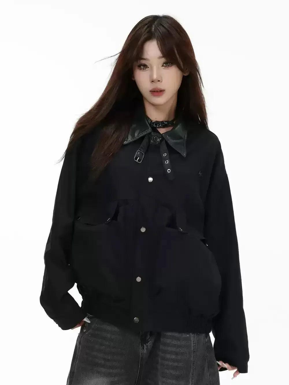 Ruched Hem PU Leather Collar Jacket Korean Street Fashion Jacket By INS Korea Shop Online at OH Vault