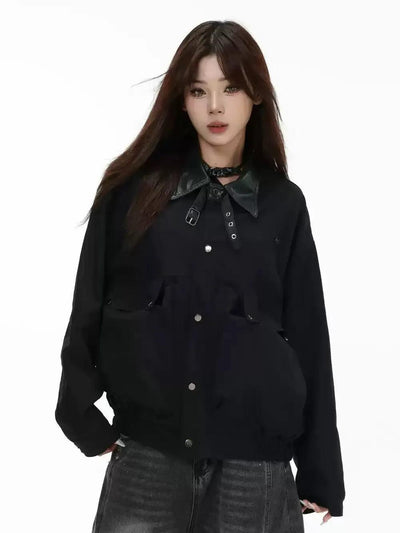 Ruched Hem PU Leather Collar Jacket Korean Street Fashion Jacket By INS Korea Shop Online at OH Vault