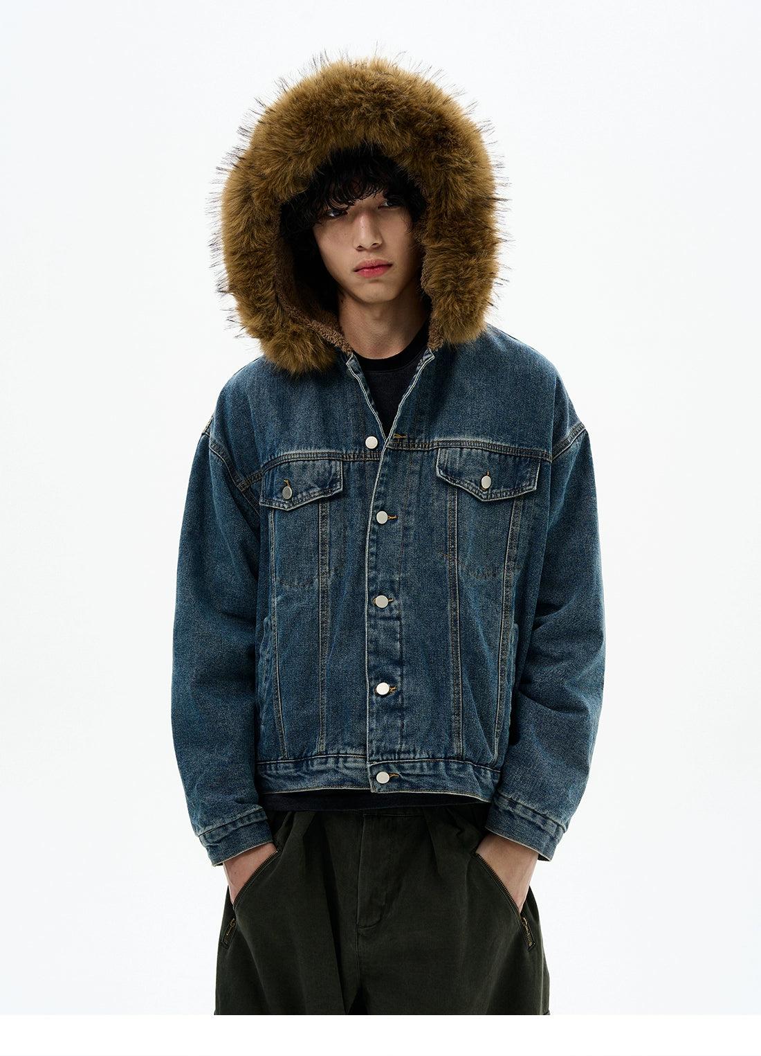 Washed Fur Hood Denim Jacket Korean Street Fashion Jacket By 77Flight Shop Online at OH Vault