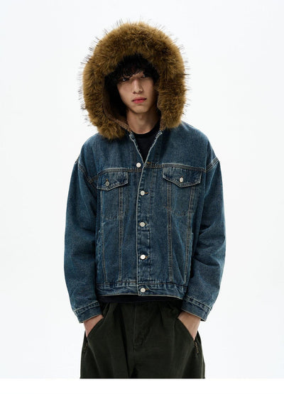 Washed Fur Hood Denim Jacket Korean Street Fashion Jacket By 77Flight Shop Online at OH Vault