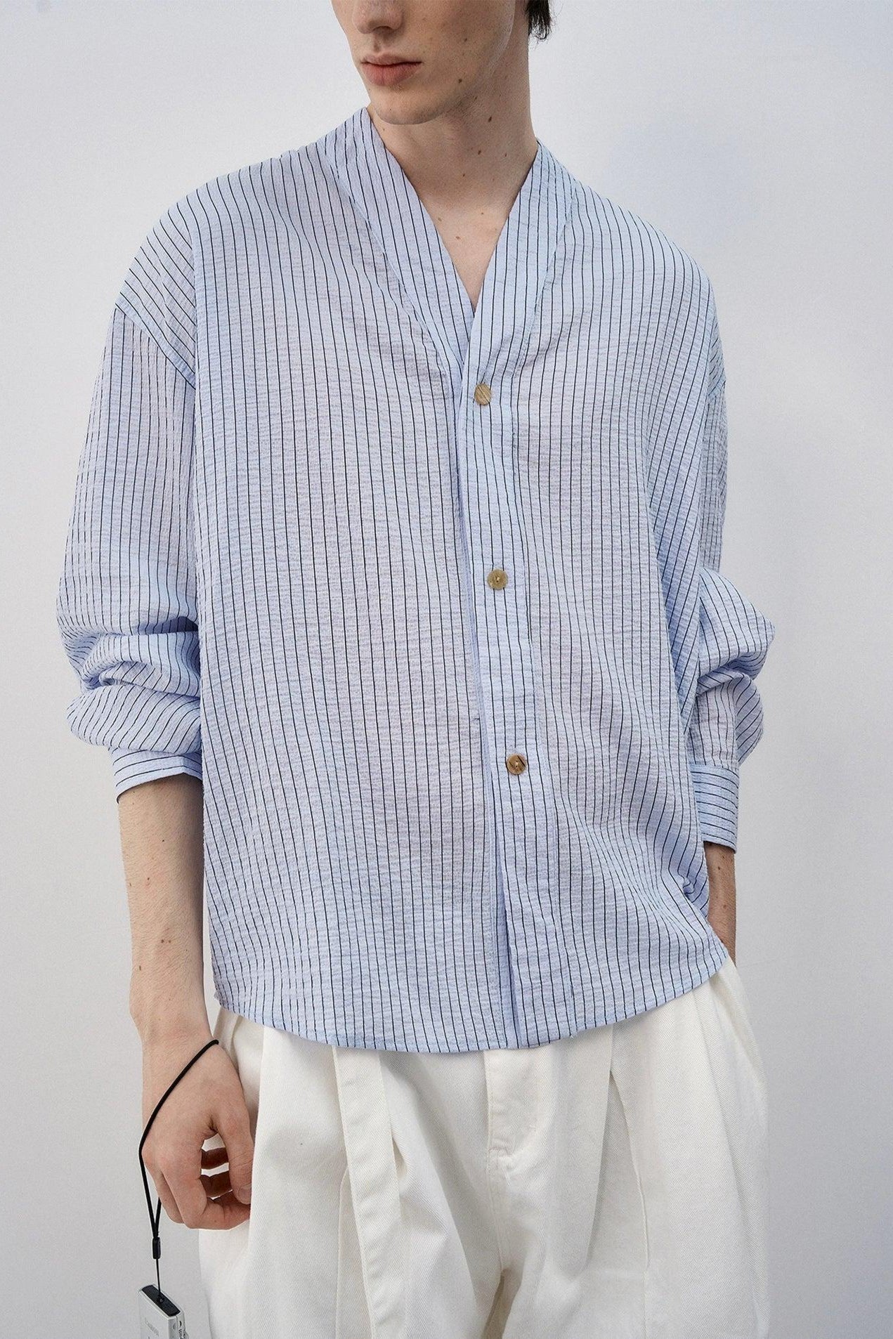 Textured Striped V-Neck Shirt Korean Street Fashion Shirt By MaxDstr Shop Online at OH Vault