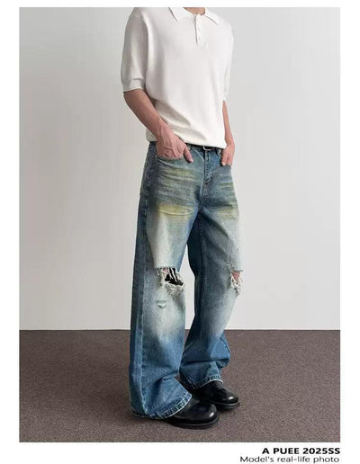 Muddy Faded Ripped Knee Jeans Korean Street Fashion Jeans By A PUEE Shop Online at OH Vault