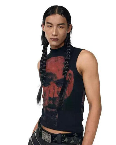 Contrast Graphic Print Sleeveless T-Shirt Korean Street Fashion T-Shirt By Slim Black Shop Online at OH Vault
