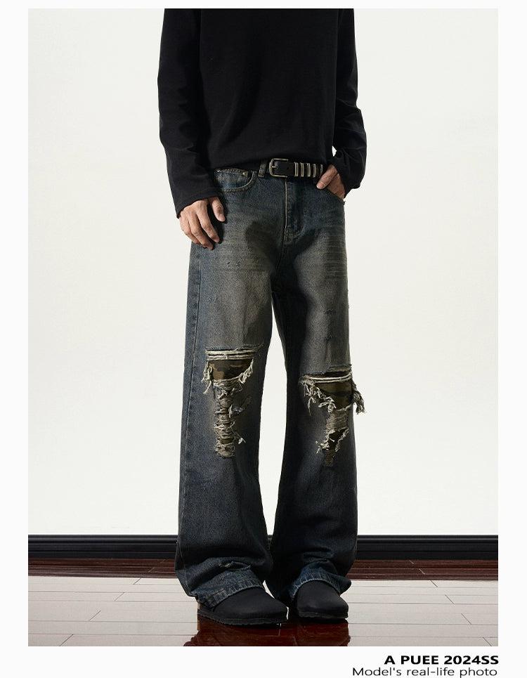 Camo Patched Ripped Jeans Korean Street Fashion Jeans By A PUEE Shop Online at OH Vault