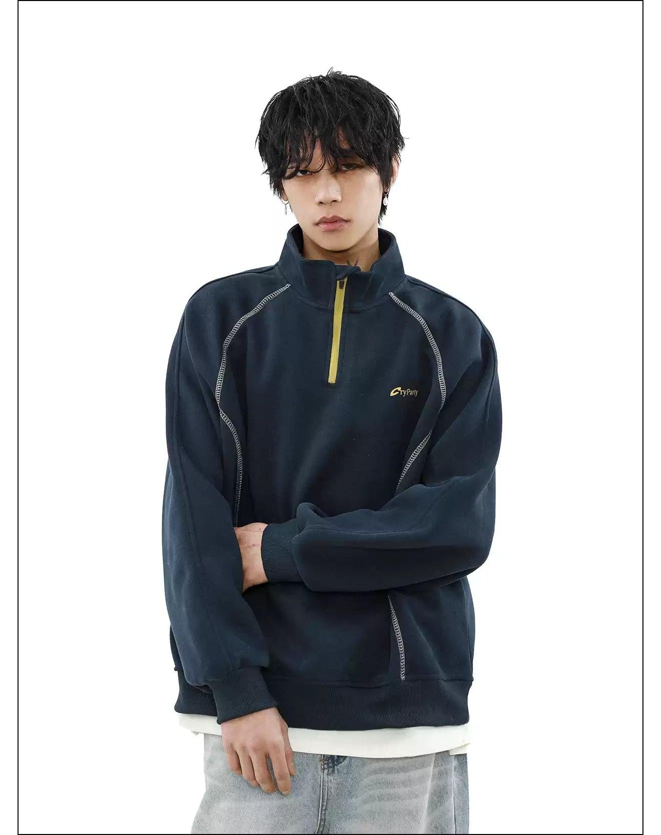 Stitched Detail Casual Fit Half-Zip Korean Street Fashion Half-Zip By Mr Nearly Shop Online at OH Vault