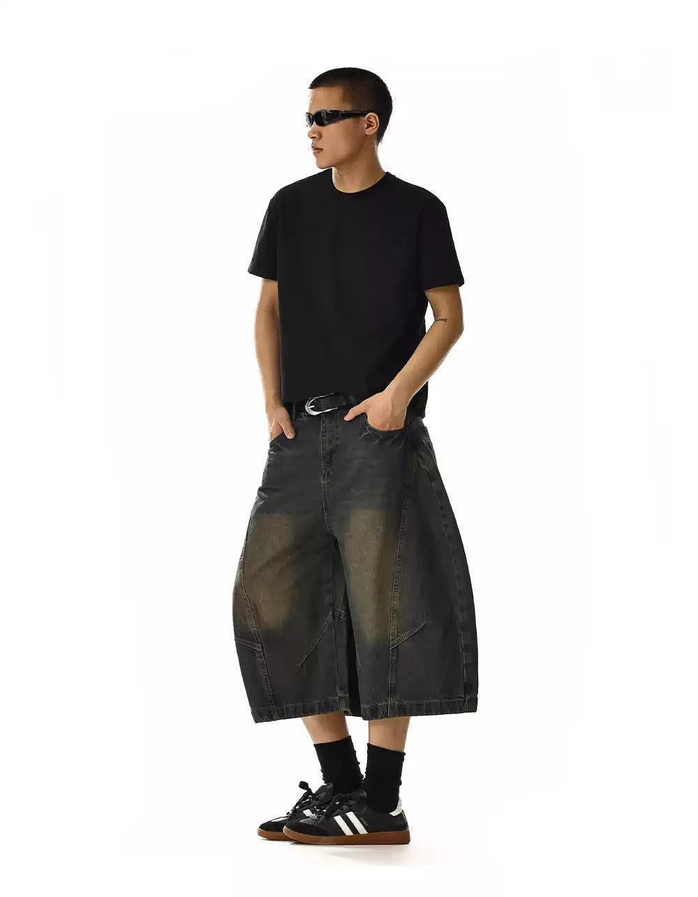 Subtle Faded Curved Cut Denim Shorts Korean Street Fashion Shorts By MEBXX Shop Online at OH Vault