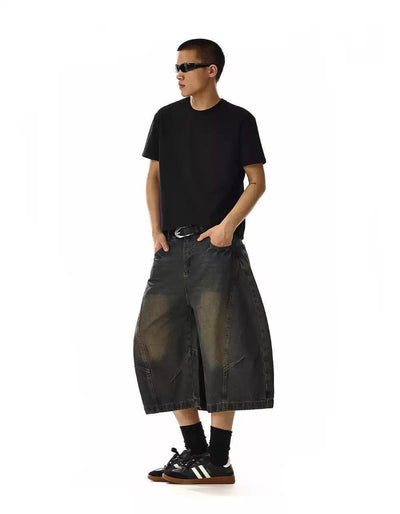 Subtle Faded Curved Cut Denim Shorts Korean Street Fashion Shorts By MEBXX Shop Online at OH Vault