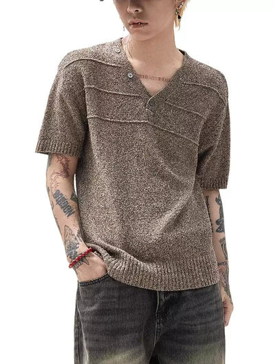 Textured Knit V-Neck T-Shirt Korean Street Fashion T-Shirt By Ash Dark Shop Online at OH Vault