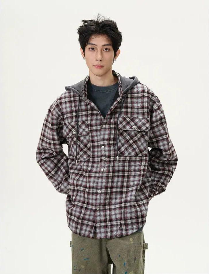 Plaid Drawstring Hooded Outer Shirt Korean Street Fashion Shirt By 77Flight Shop Online at OH Vault