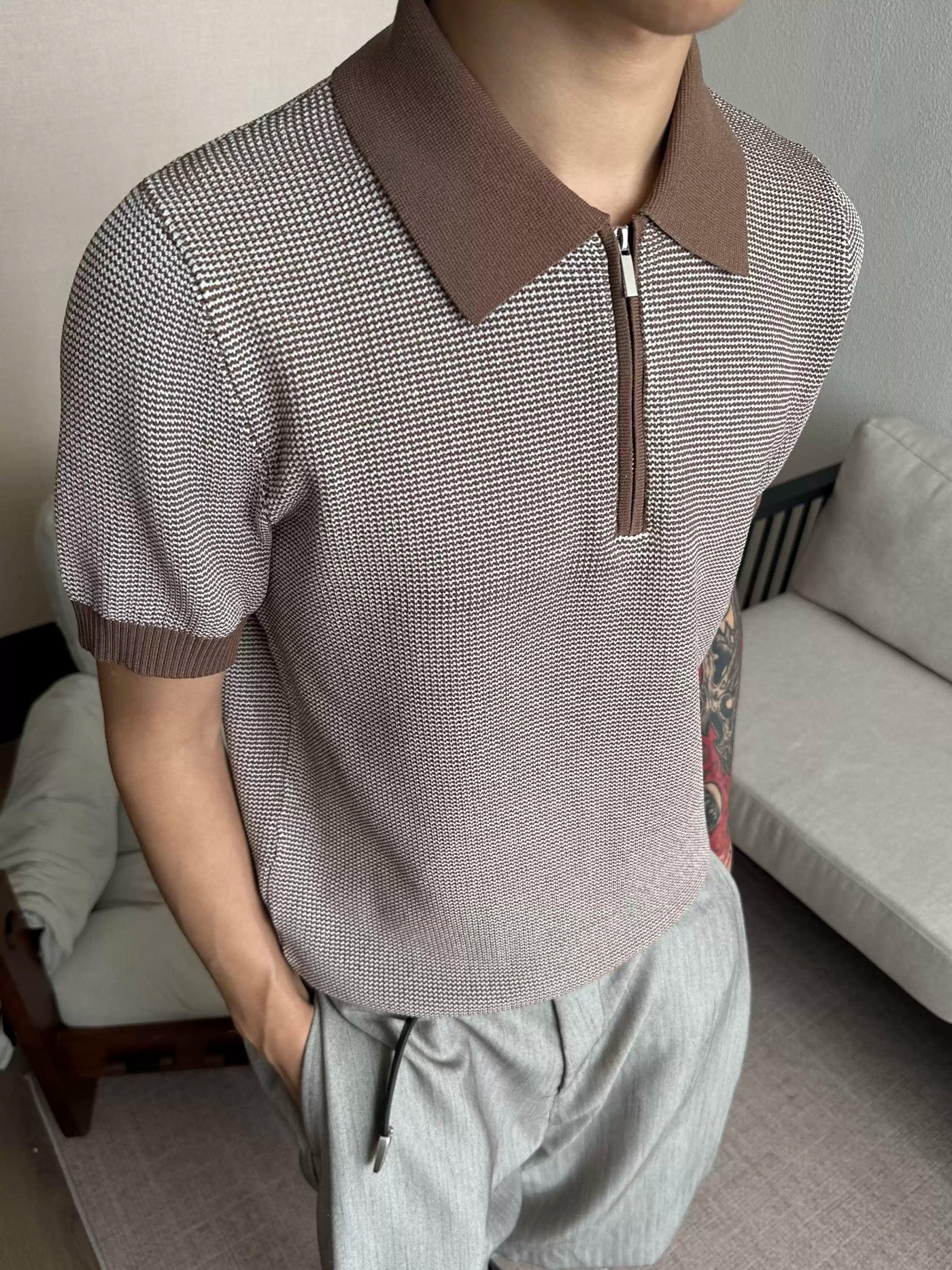 Textured Contrast Half-Zipped Knit Polo Korean Street Fashion Polo By Made Extreme Shop Online at OH Vault