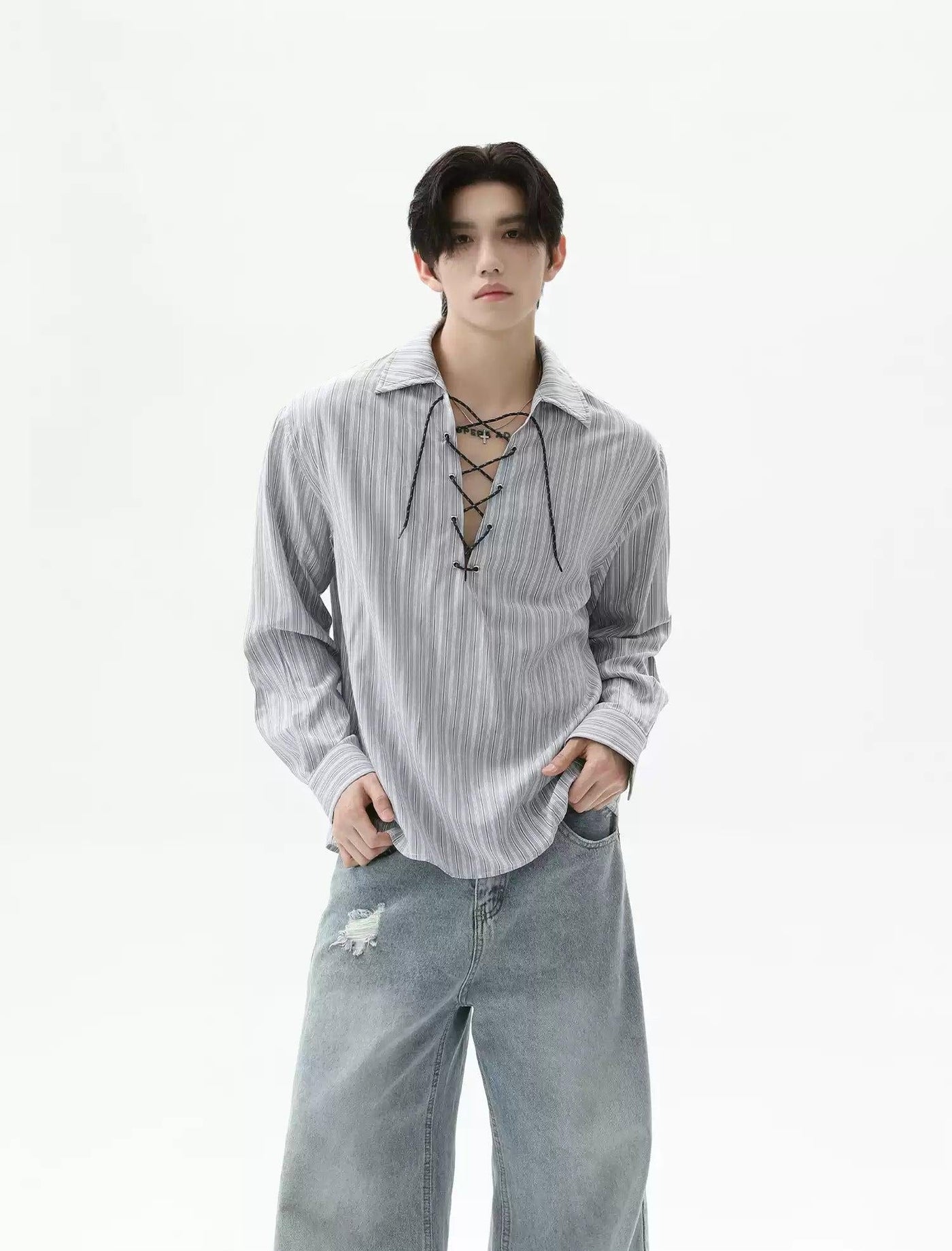 Drawstring Striped V-Neck Shirt Korean Street Fashion Shirt By Turn Tide Shop Online at OH Vault