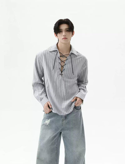 Drawstring Striped V-Neck Shirt Korean Street Fashion Shirt By Turn Tide Shop Online at OH Vault