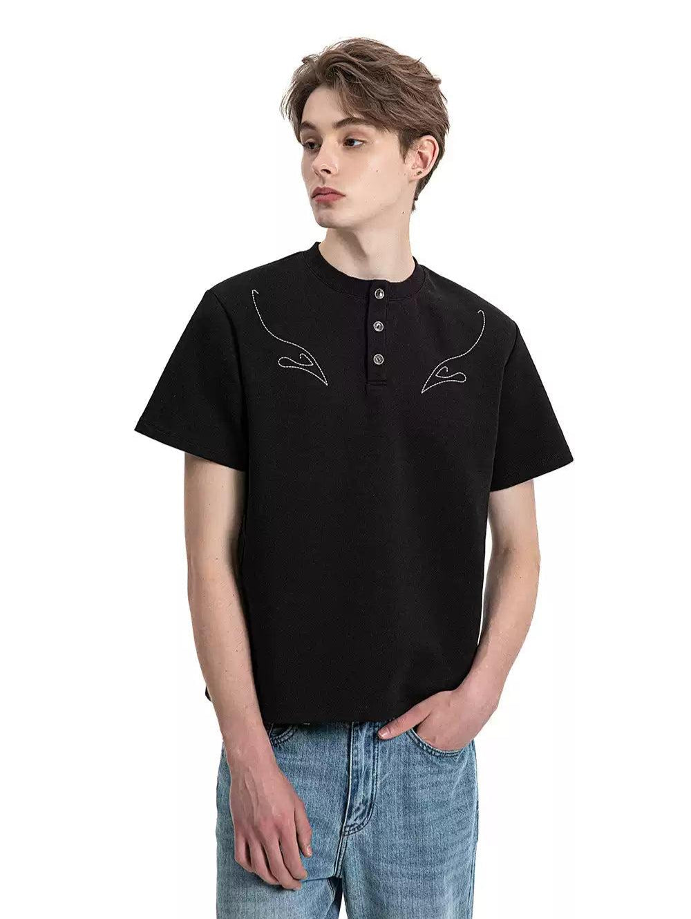Contrast Stitches Henley Collar T-Shirt Korean Street Fashion T-Shirt By Made Extreme Shop Online at OH Vault