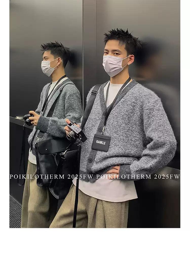 Contrast Fuzzy Knit V-Neck Cardigan Korean Street Fashion Cardigan By Poikilotherm Shop Online at OH Vault