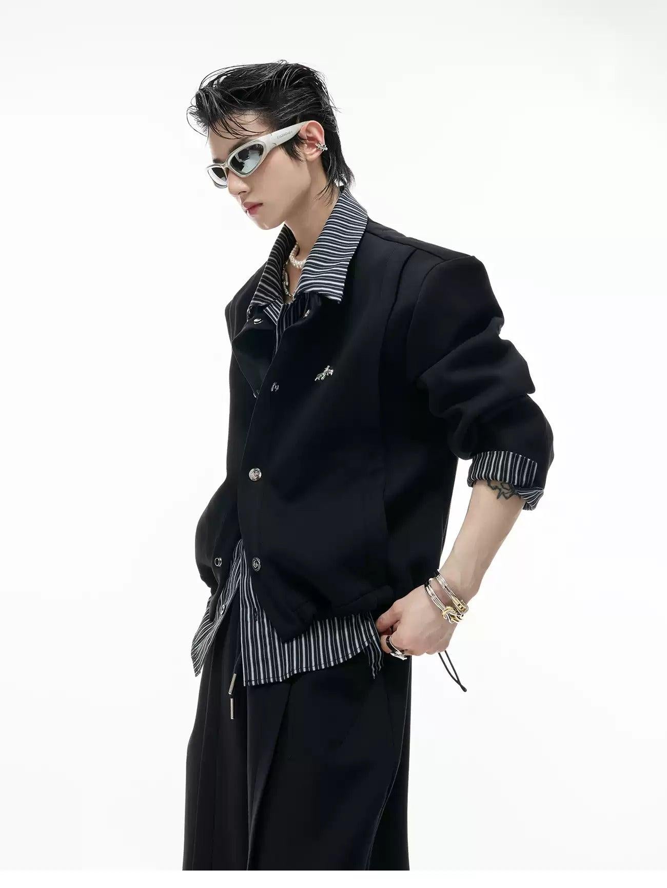 Layered Stripe Buttoned Jacket & Drawstring Sweatpants Set Korean Street Fashion Clothing Set By Argue Culture Shop Online at OH Vault