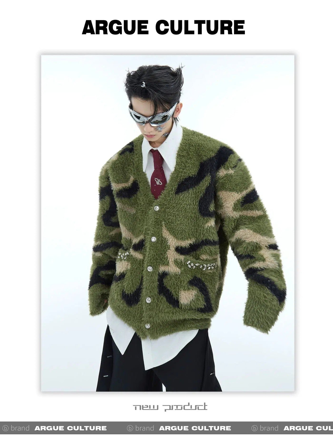 Fur Camo Diamond V-Neck Cardigan Korean Street Fashion Cardigan By Argue Culture Shop Online at OH Vault