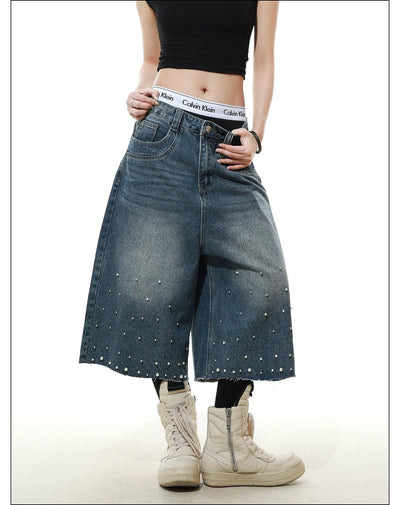 Pearled and Faded Denim Shorts Korean Street Fashion Shorts By Mr Nearly Shop Online at OH Vault