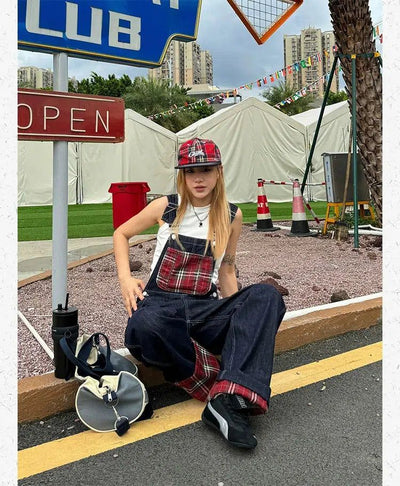 Plaid Patched Denim Overall Korean Street Fashion Clothing Set By Made Extreme Shop Online at OH Vault