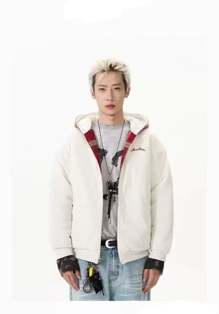 Letter Embroidery Plaid Zip-Up Hoodie Korean Street Fashion Hoodie By A PUEE Shop Online at OH Vault