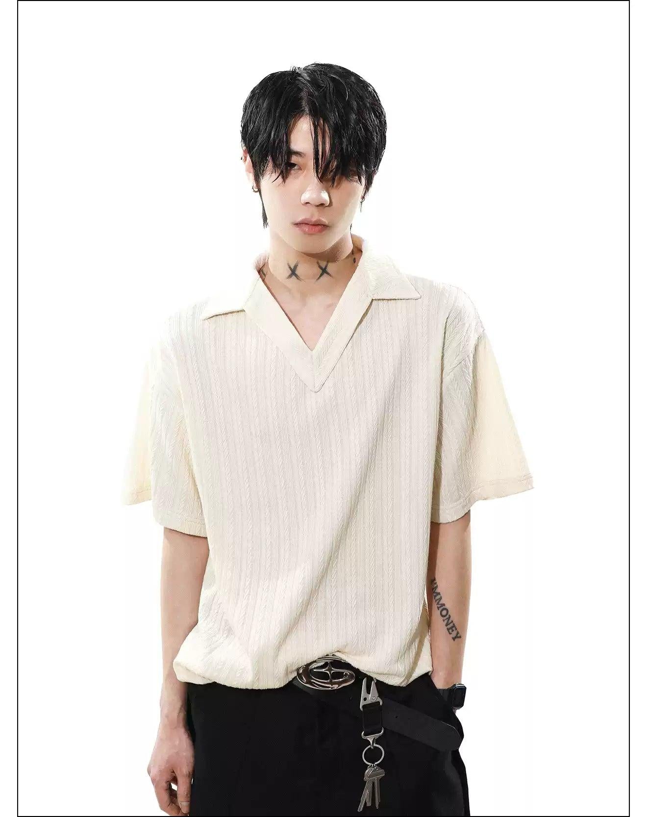 Textured V-Neck Polo Korean Street Fashion Polo By Mr Nearly Shop Online at OH Vault