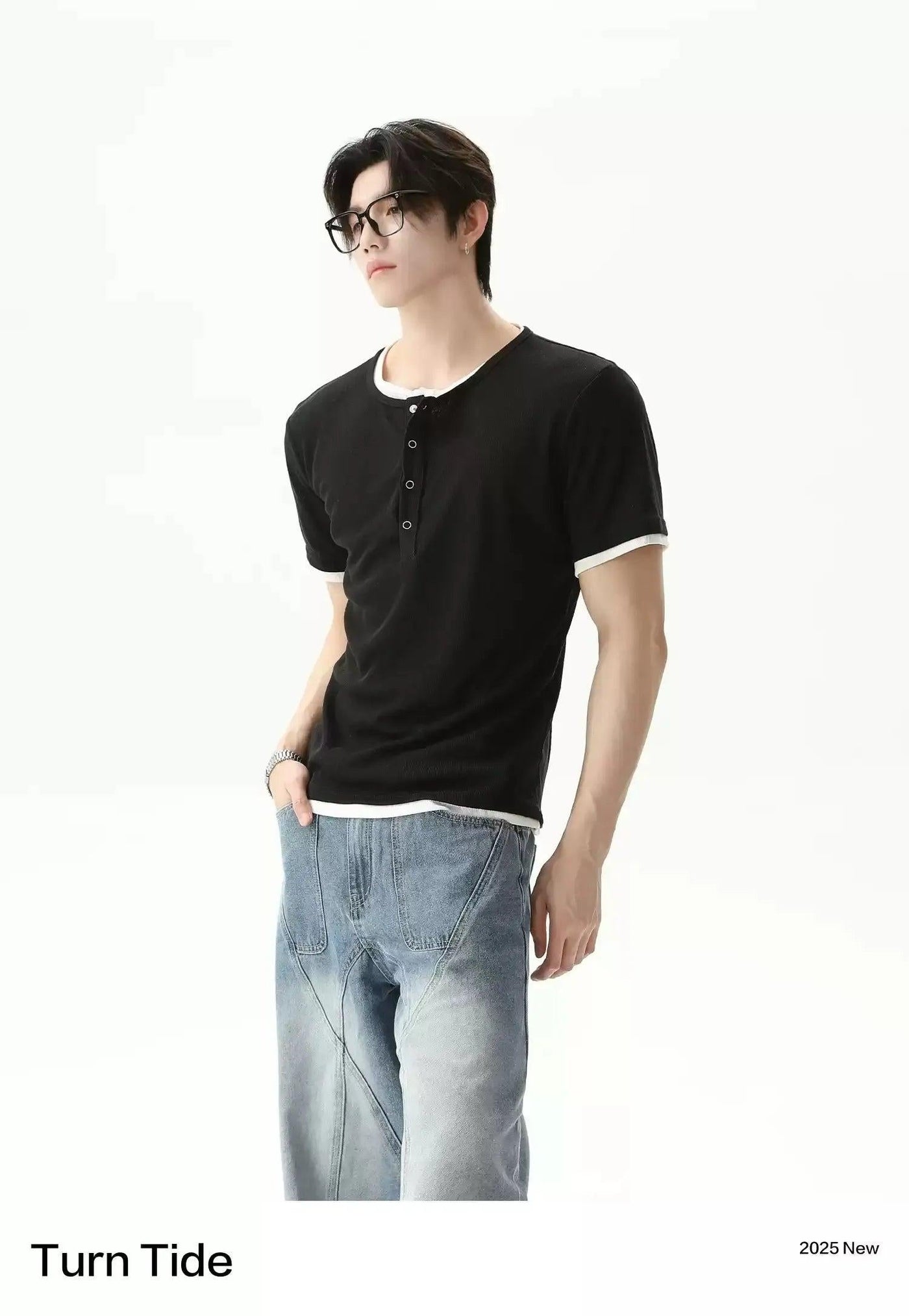 Contrast Layered Henley Collar T-Shirt Korean Street Fashion T-Shirt By Turn Tide Shop Online at OH Vault