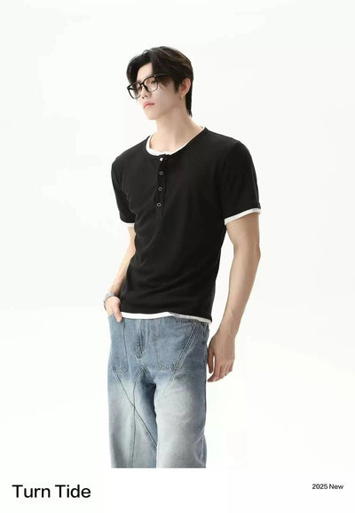 Contrast Layered Henley Collar T-Shirt Korean Street Fashion T-Shirt By Turn Tide Shop Online at OH Vault