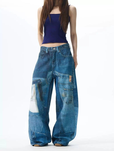 Digital Print Wide Leg Jeans Korean Street Fashion Jeans By 77Flight Shop Online at OH Vault