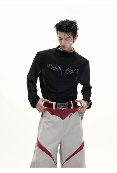 Metallic Print Mesh Long Sleeve T-Shirt Korean Street Fashion T-Shirt By Argue Culture Shop Online at OH Vault