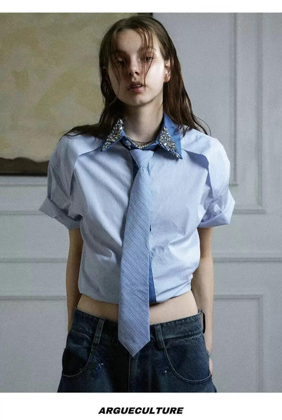 Diamond Striped With Tie Shirt Korean Street Fashion Shirt By Argue Culture Shop Online at OH Vault