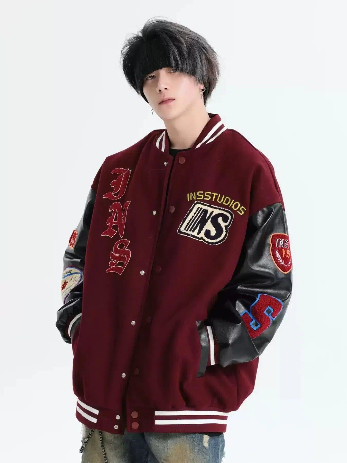 Spliced Faux Leather Sleeve Varsity Jacket Korean Street Fashion Jacket By INS Korea Shop Online at OH Vault