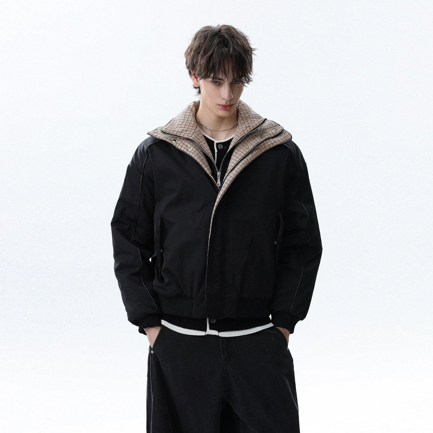 Checker Spliced Bomber Jacket Korean Street Fashion Jacket By Mr Nearly Shop Online at OH Vault