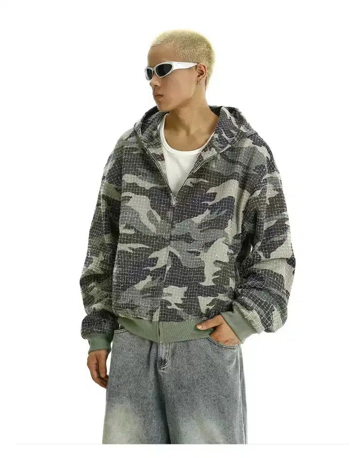 Distressed Camouflage Zip-Up Hoodie Korean Street Fashion Hoodie By MEBXX Shop Online at OH Vault