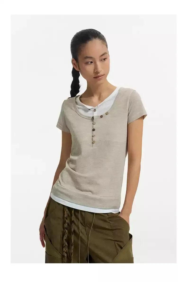 Layered and Buttoned T-Shirt Korean Street Fashion T-Shirt By Conp Conp Shop Online at OH Vault