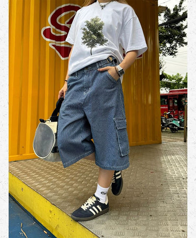 Multi-Pocket Thin Stripes Cargo Denim Shorts Korean Street Fashion Shorts By Made Extreme Shop Online at OH Vault