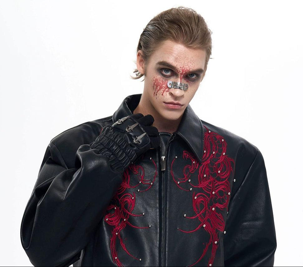 Snake Stitched PU Leather Jacket Korean Street Fashion Jacket By Slim Black Shop Online at OH Vault