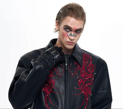 Snake Stitched PU Leather Jacket Korean Street Fashion Jacket By Slim Black Shop Online at OH Vault